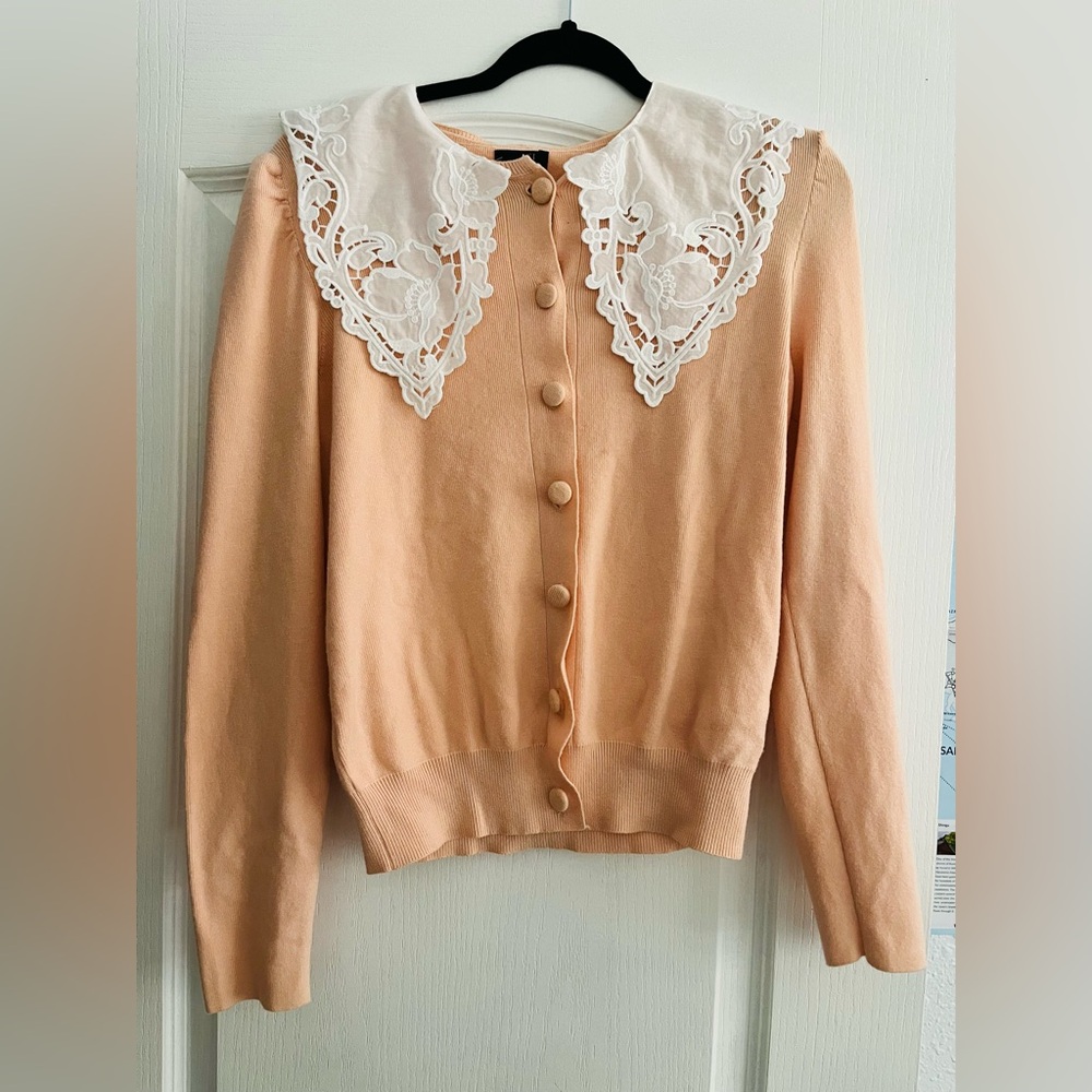 Light Pink Cardigan with Vintage Style Large Statement Lace Collar